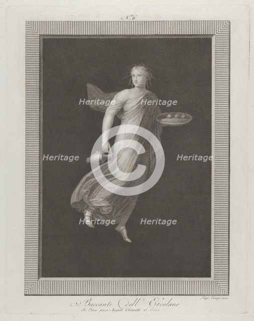 A bacchante holding a pitcher in her right hand and carrying in her left hand an oval..., 1795-1820. Creator: Aloysio Cunego.