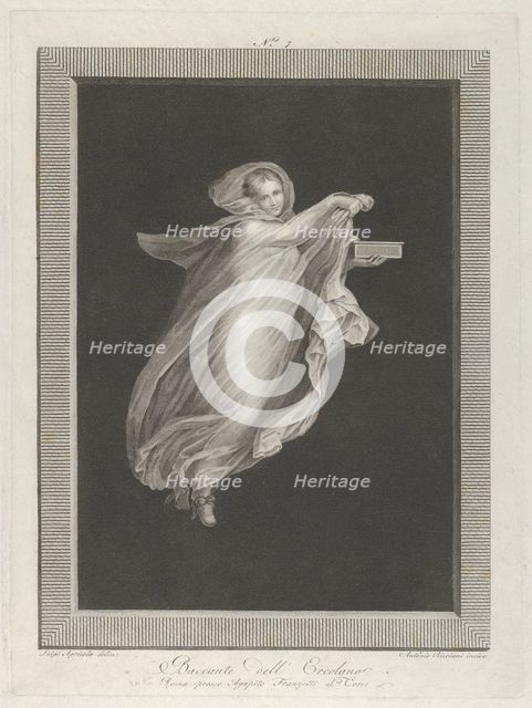 A bacchante wearing a hooded shawl and holding a box in her left hand, set ag..., ca. 1795-ca. 1820. Creator: Antonio Ricciani.