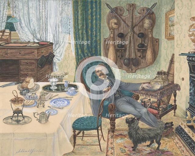 A Bachelor in His Study (The Sportsman's Breakfast), late 19th century. Creator: J Buttfield.