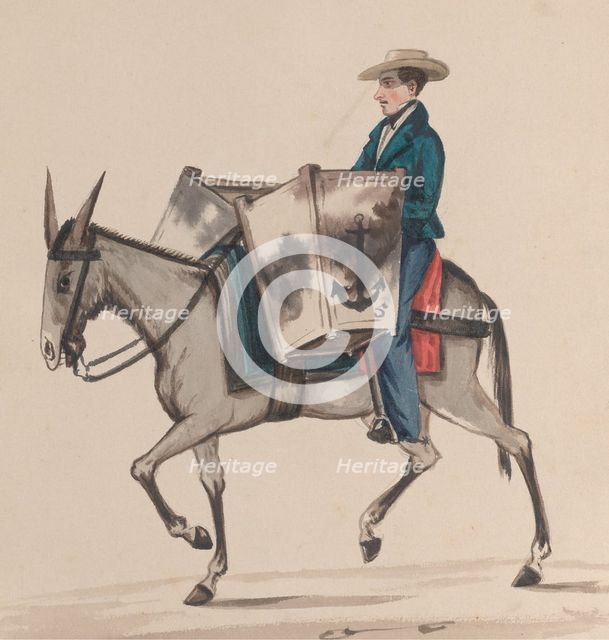 A baker on horseback, from a group of drawings depicting Peruvian costume, ca. 1848. Creator: Attributed to Francisco (Pancho) Fierro.