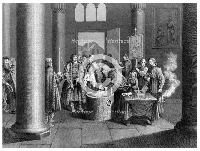 'A Baptism According to the Greek Church in Russia'.Artist: W Forrest