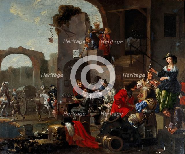 A barber and a surgeon attending to soldiers, c1680s. Creator: Unknown.