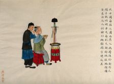 A barber shaving the front and sides of a man's head, in the Manchu style, 1890. Creator: Pei Qun Zhou