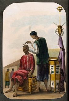 A barber shaving a seated man's head. Creator: Unknown
