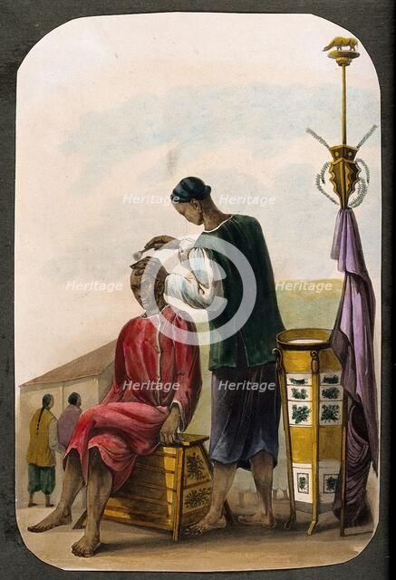 A barber shaving a seated man's head. Creator: Unknown.