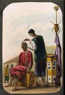 A barber shaving a seated man's head. Creator: Unknown
