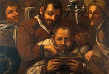 A barber-surgeon attending to a man's forehead, c16th century. Creator: Unknown