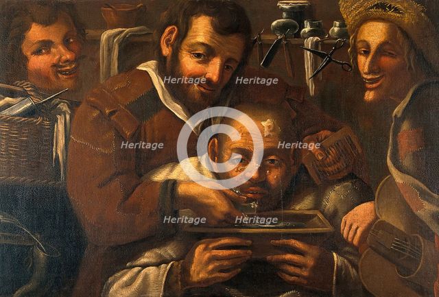 A barber-surgeon attending to a man's forehead, c16th century. Creator: Unknown.