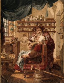 A barber-surgeon extracting stones from a woman's head; symbolising the expulsion of folly..., 1787 Creator: Jacob Cats