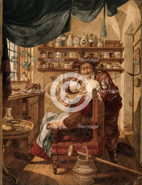 A barber-surgeon extracting stones from a woman's head; symbolising the expulsion of 'folly..., 1787 Creator: Jacob Cats.