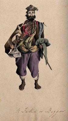 A barefoot man wearing a cloak, hat and beads: he is carrying a stick. Creator: Unknown