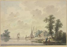 A barge lies by a farmhouse, a riverbank is visible in the foreground on the right, a boat... Creator: Nicolaas Wicart
