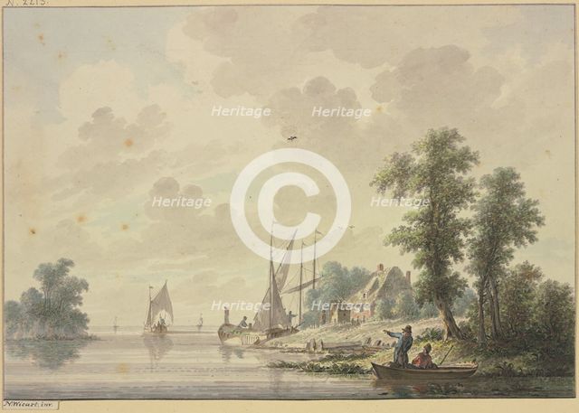 A barge lies by a farmhouse, a riverbank is visible in the foreground on the right, a boat... Creator: Nicolaas Wicart.