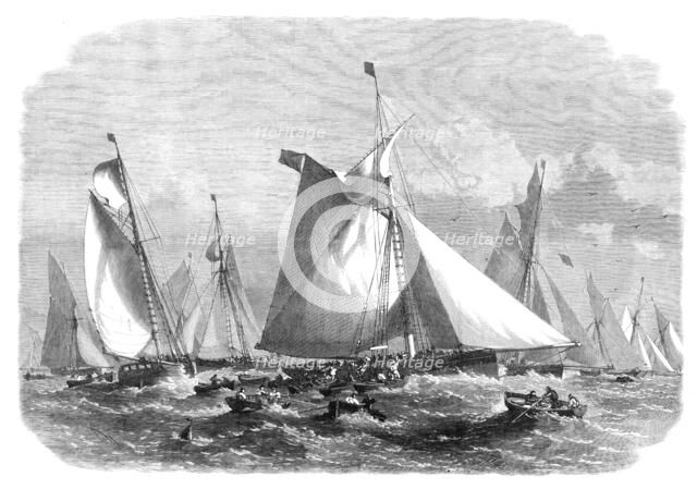 A Barking carrier collecting fish from the trawl fleet on the Doggerbank, 1864. Creator: Smyth.