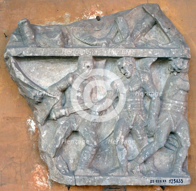 A bas-relief of a fight between Secutor and Retiarius, 3rd century, Rome. Artist: Unknown