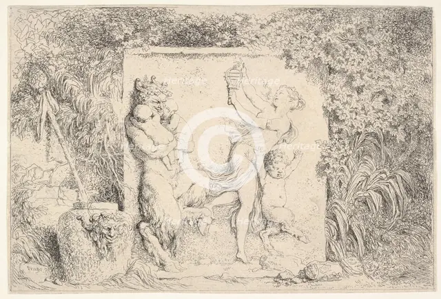 A bas-relief depicting a satyr at left holding two infants, another child satyr to right..., 1763. Creator: Jean-Honore Fragonard.