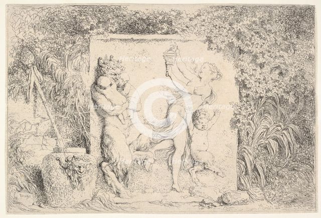 A bas-relief depicting a satyr at left holding two infants, another child satyr to right..., 1763. Creator: Jean-Honore Fragonard.