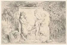 A bas-relief depicting a satyr at left holding two infants, another child satyr to right..., 1763. Creator: Jean-Honore Fragonard