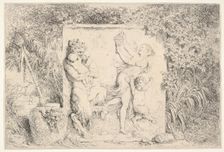 A bas-relief depicting a satyr at left holding two infants, another child satyr to right..., 1763. Creator: Jean-Honore Fragonard