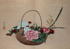 A basket of flowers, peonies, chrysanthemums and orchids. Creator: Unknown