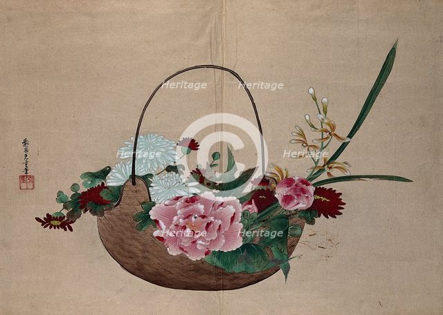 A basket of flowers, peonies, chrysanthemums and orchids. Creator: Unknown.