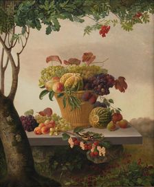 A Basket of Fruit in a Landscape, 1832. Creator: Christine Lovmand
