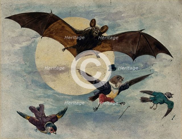 A bat and three fully dressed birds flying by moonlight, 1900. Creator: George Hope Tait.
