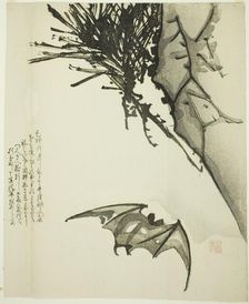 A Bat Flying near a Pine Tree, 19th century. Creator: Issho