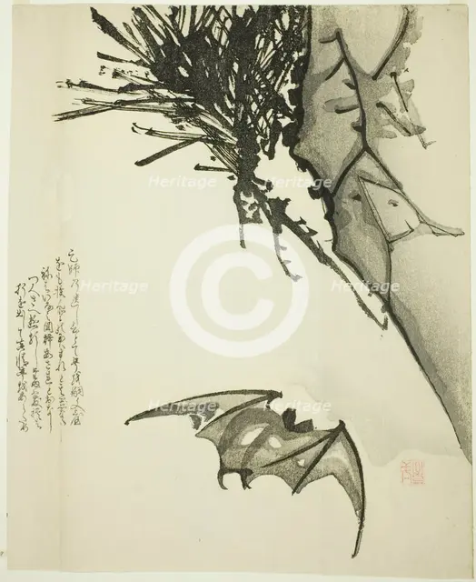 A Bat Flying near a Pine Tree, 19th century. Creator: Issho.