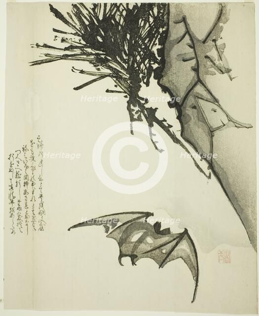 A Bat Flying near a Pine Tree, 19th century. Creator: Issho.