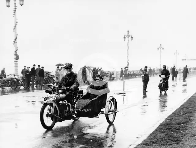 A Bat motorbike and sidecar taking part in the Pioneer Run, Brighton, 1913. Artist: Unknown