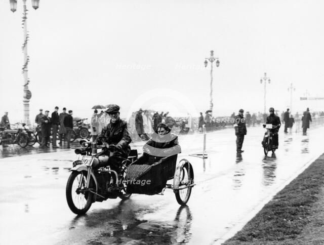 A Bat motorbike and sidecar taking part in the Pioneer Run, Brighton, 1913. Artist: Unknown