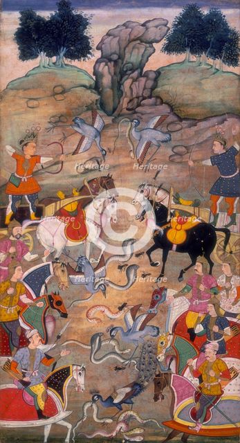 A battle between Babhruvahana, son of Arjuna, and the snakes in the nether regions, 1598.  Creator: Unknown.
