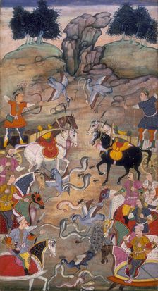 A battle between Babhruvahana, son of Arjuna, and the snakes in the nether regions, 1598. Creator: Unknown
