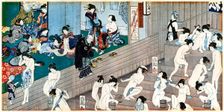 A bath house scene, Japan.Artist: Yoshiiku