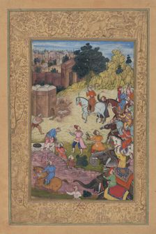 A Bathhouse Keeper is Consumed by Passion for his Beloved, Folio from a Khamsa..., 1597-98. Creator: Nar Singh