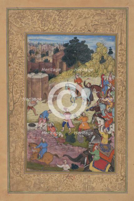 A Bathhouse Keeper is Consumed by Passion for his Beloved, Folio from a Khamsa..., 1597-98. Creator: Nar Singh.