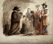 A bear wearing a hat and a cloak, selling pills to a group of country folk in Leipzig. Creator: John Frederick Tayler