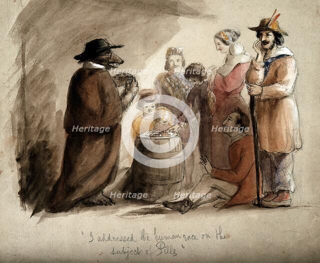 A bear wearing a hat and a cloak, selling pills to a group of country folk in Leipzig. Creator: John Frederick Tayler.