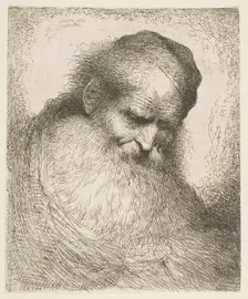 A bearded man wearing a cap looking down to the right, from the series Heads in Or..., ca. 1648-50. Creator: Giovanni Benedetto Castiglione