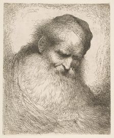 A bearded man wearing a cap looking down to the right, from the series Heads in Or..., ca. 1648-50. Creator: Giovanni Benedetto Castiglione