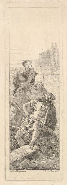 A bearded, seated man looks over his right shoulder toward a child and woman bearin..., ca. 1750-55. Creator: Giovanni Battista Tiepolo