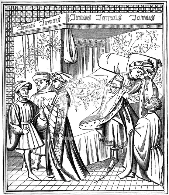 A bed furnished with a canopy and curtains, late 14th century, (1870). Artist: Unknown