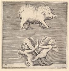 A Belted Pig and Two Cupids (or Geniuses) with a Butterfly (or Moth), published ca. 1599-1622. Creator: Unknown