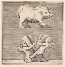 A Belted Pig and Two Cupids (or Geniuses) with a Butterfly (or Moth), published ca. 1599-1622. Creator: Unknown