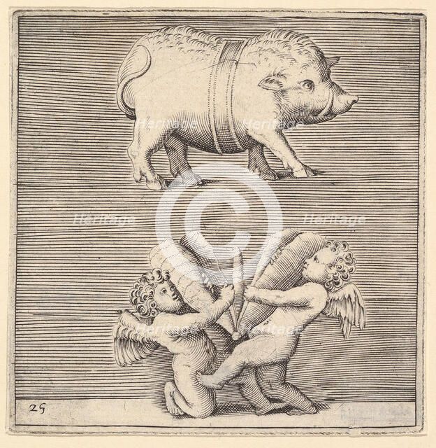 A Belted Pig and Two Cupids (or Geniuses) with a Butterfly (or Moth), published ca. 1599-1622. Creator: Unknown.