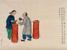 A betel (areca) nut seller, being paid by a woman customer, 1890. Creator: Pei Qun Zhou