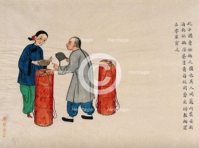 A betel (areca) nut seller, being paid by a woman customer, 1890. Creator: Pei Qun Zhou.