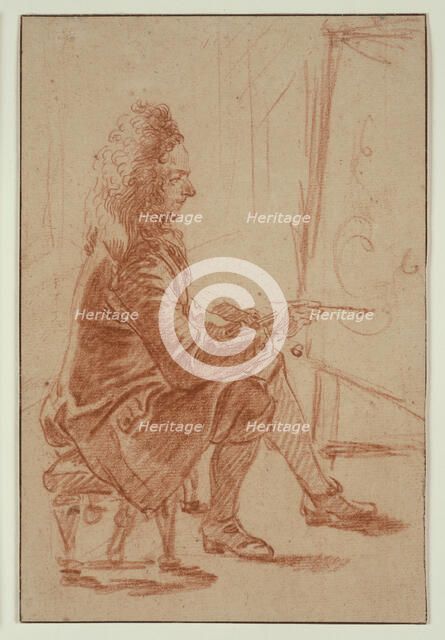A Bewigged Painter (Possibly Claude Audran), Seated at his Easel, Seen in Profile, c. 1709. Creator: Jean-Antoine Watteau.