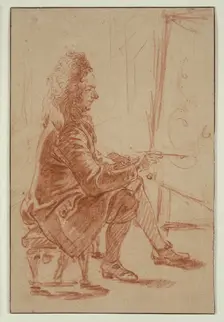 A Bewigged Painter (Possibly Claude Audran), Seated at his Easel, Seen in Profile, c. 1709. Creator: Jean-Antoine Watteau